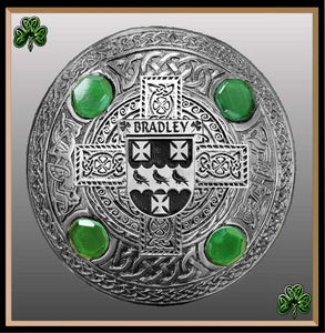 Bradley Irish Coat of Arms Celtic Cross Plaid Brooch with Green Stones