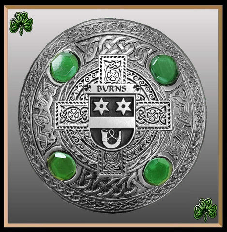 Burns Irish Coat of Arms Celtic Cross Plaid Brooch with Green Stones