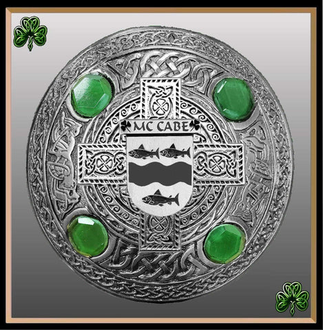 McCabe Irish Coat of Arms Celtic Cross Plaid Brooch with Green Stones