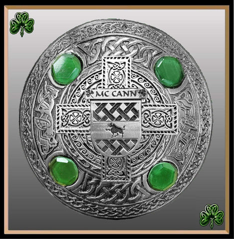 McCann Irish Coat of Arms Celtic Cross Plaid Brooch with Green Stones