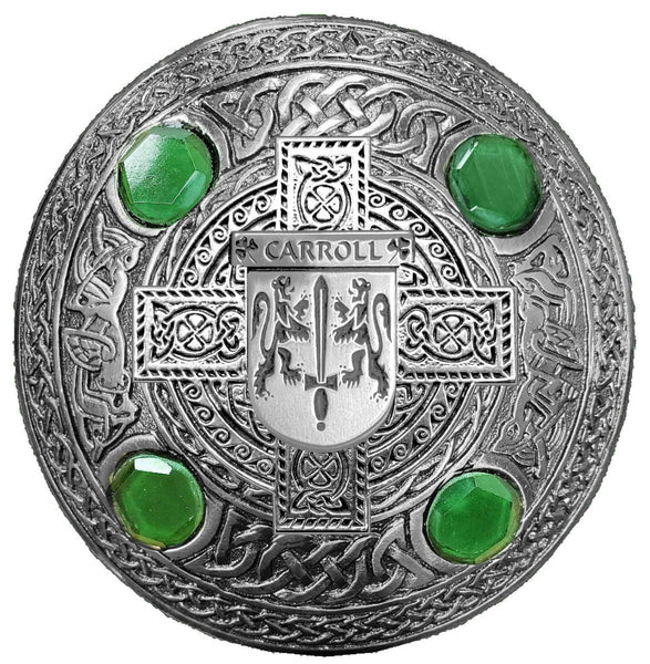 Carroll Irish Coat of Arms Celtic Cross Plaid Brooch with Green Stones
