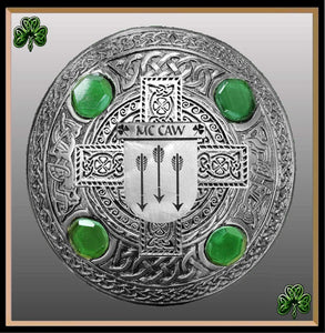 McCaw Irish Coat of Arms Celtic Cross Plaid Brooch with Green Stones