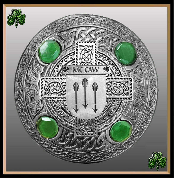 McCaw Irish Coat of Arms Celtic Cross Plaid Brooch with Green Stones