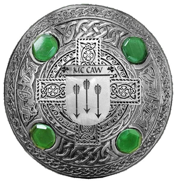 McCaw Irish Coat of Arms Celtic Cross Plaid Brooch with Green Stones