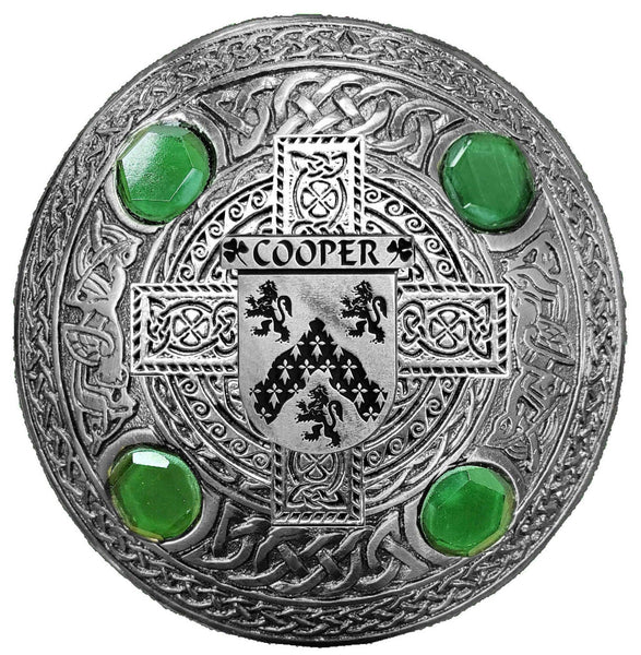 Cooper  Irish Coat of Arms Celtic Cross Plaid Brooch with Green Stones