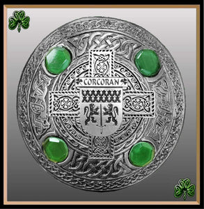 Corcoran  Irish Coat of Arms Celtic Cross Plaid Brooch with Green Stones