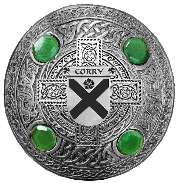Corry  Irish Coat of Arms Celtic Cross Plaid Brooch with Green Stones