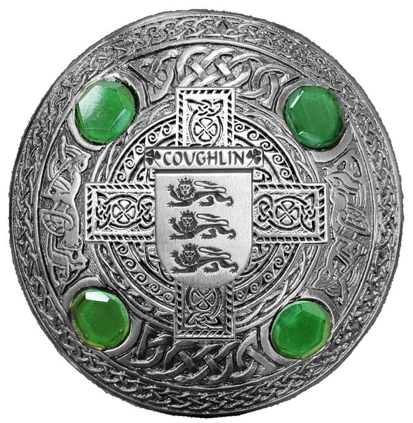Coughlan  Irish Coat of Arms Celtic Cross Plaid Brooch with Green Stones