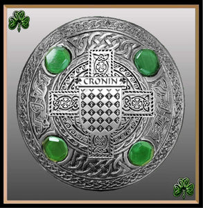 Cronin  Irish Coat of Arms Celtic Cross Plaid Brooch with Green Stones