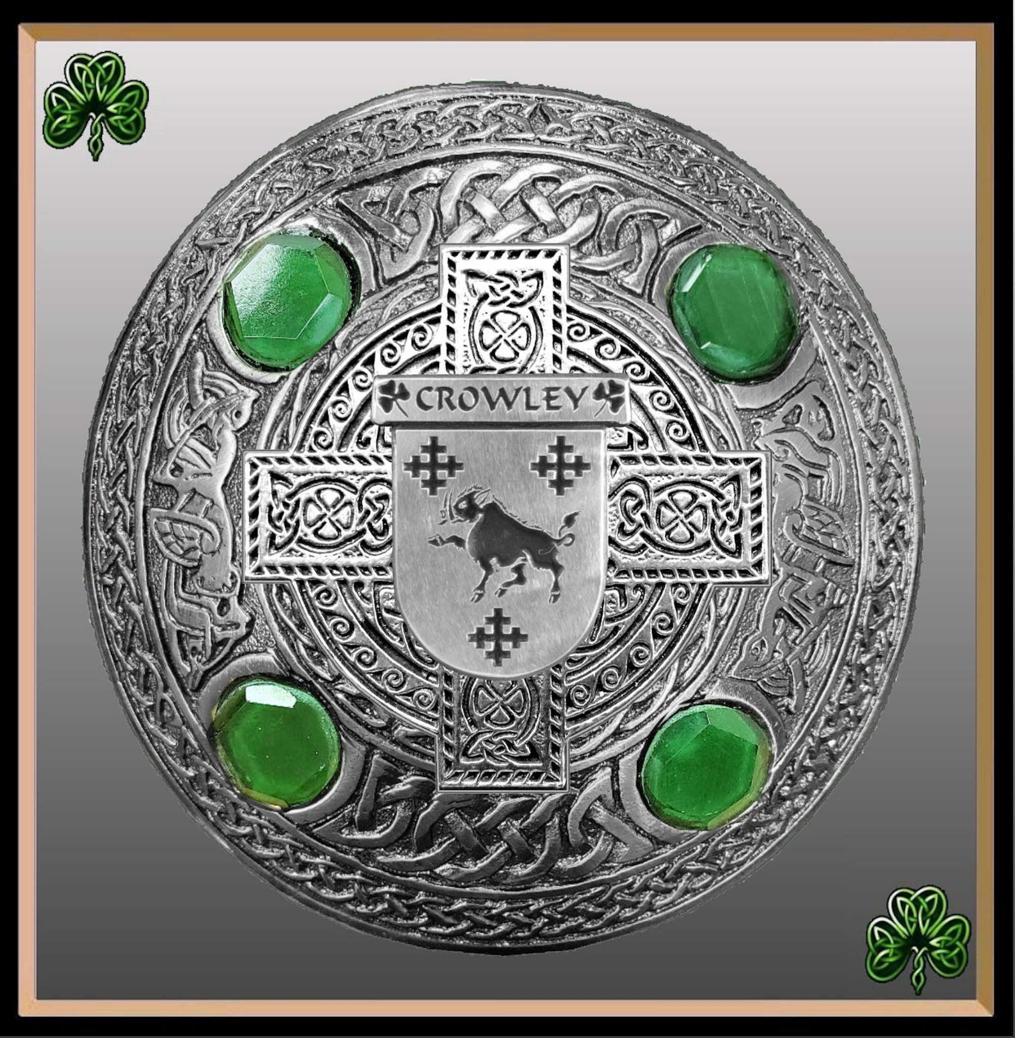 Crowley  Irish Coat of Arms Celtic Cross Plaid Brooch with Green Stones