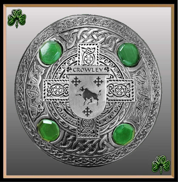 Crowley  Irish Coat of Arms Celtic Cross Plaid Brooch with Green Stones