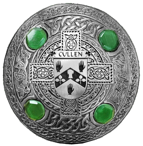 Cullen Irish Coat of Arms Celtic Cross Plaid Brooch with Green Stones
