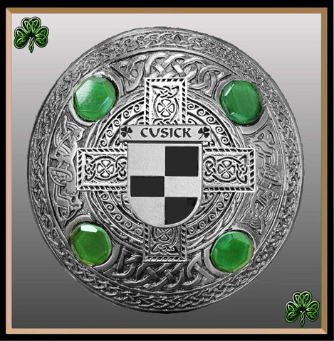 Cusick Irish Coat of Arms Celtic Cross Plaid Brooch with Green Stones