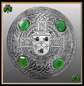 McDermott Irish Coat of Arms Celtic Cross Plaid Brooch with Green Stones