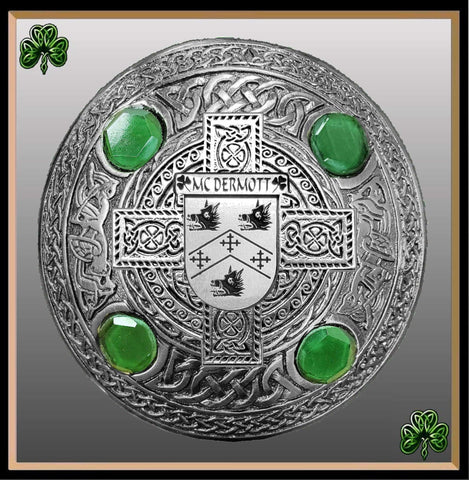 McDermott Irish Coat of Arms Celtic Cross Plaid Brooch with Green Stones