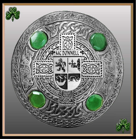 McDonnell Irish Coat of Arms Celtic Cross Plaid Brooch with Green Stones