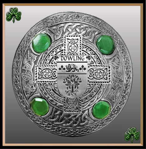 Dowling Irish Coat of Arms Celtic Cross Plaid Brooch with Green Stones