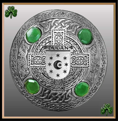 Dugan Irish Coat of Arms Celtic Cross Plaid Brooch with Green Stones