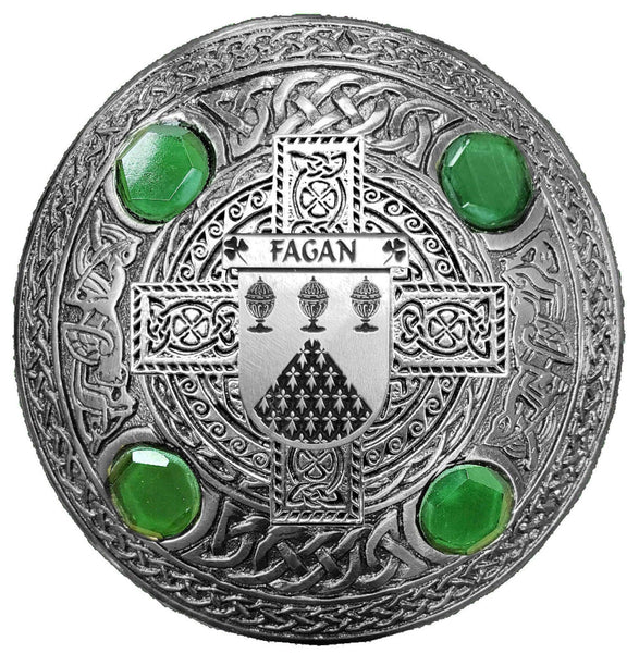 Fagan Irish Coat of Arms Celtic Cross Plaid Brooch with Green Stones