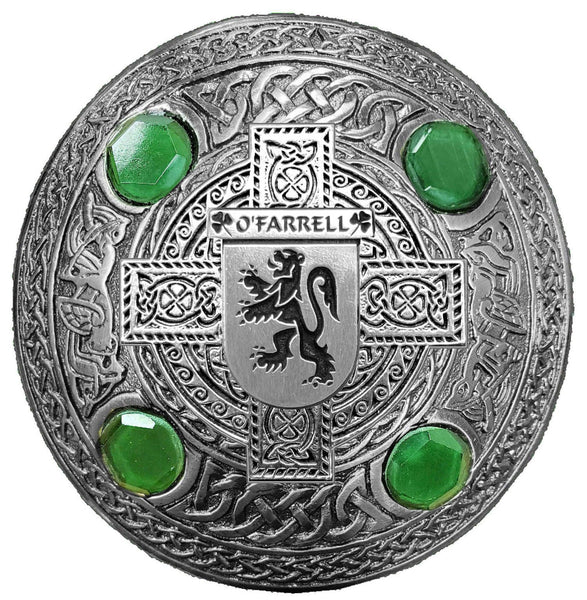 O'Farrell Irish Coat of Arms Celtic Cross Plaid Brooch with Green Stones