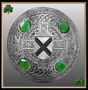 Fitzgerald Irish Coat of Arms Celtic Cross Plaid Brooch with Green Stones