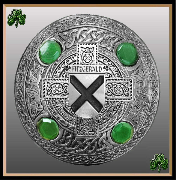 Fitzgerald Irish Coat of Arms Celtic Cross Plaid Brooch with Green Stones