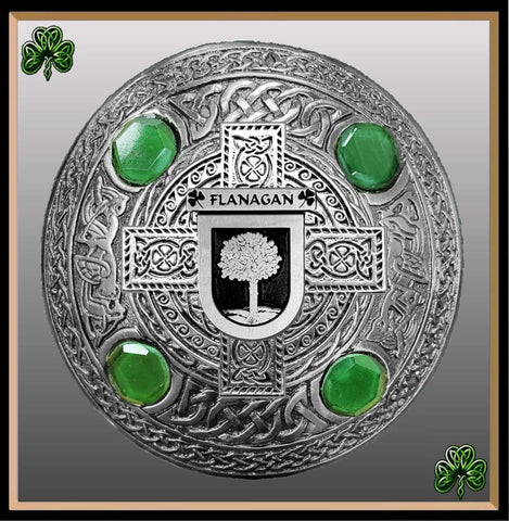 Flanagan Irish Coat of Arms Celtic Cross Plaid Brooch with Green Stones