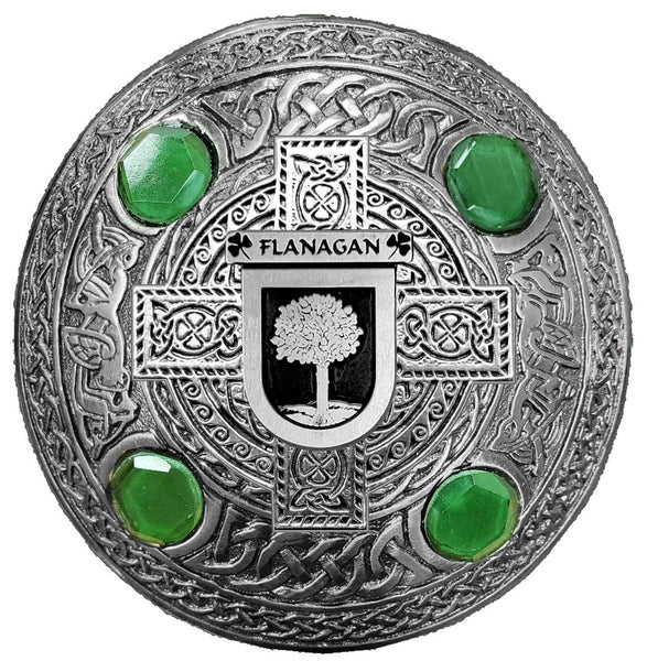 Flanagan Irish Coat of Arms Celtic Cross Plaid Brooch with Green Stones