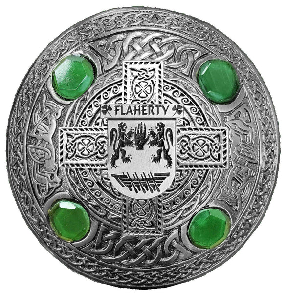 Flaherty Irish Coat of Arms Celtic Cross Plaid Brooch with Green Stones
