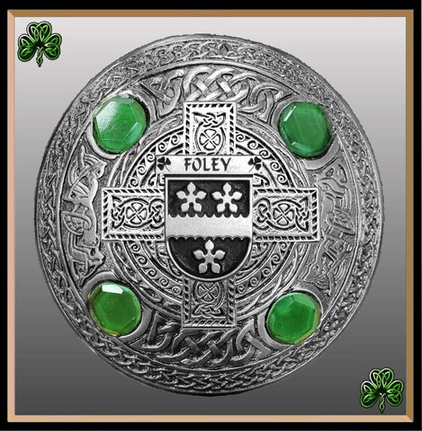 Foley Irish Coat of Arms Celtic Cross Plaid Brooch with Green Stones