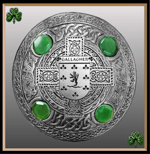 Gallagher Irish Coat of Arms Celtic Cross Plaid Brooch with Green Stones
