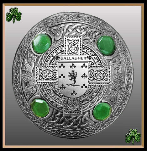 Gallagher Irish Coat of Arms Celtic Cross Plaid Brooch with Green Stones