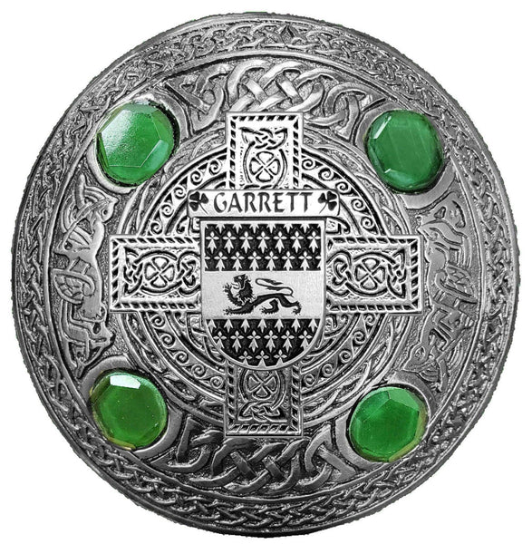 Garrett Irish Coat of Arms Celtic Cross Plaid Brooch with Green Stones