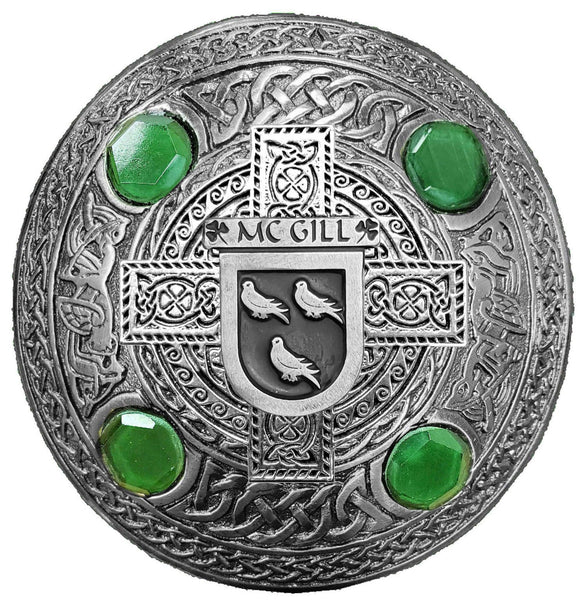 McGill Irish Coat of Arms Celtic Cross Plaid Brooch with Green Stones