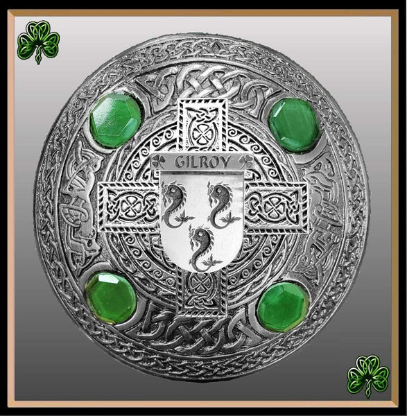 Gilroy Irish Coat of Arms Celtic Cross Plaid Brooch with Green Stones