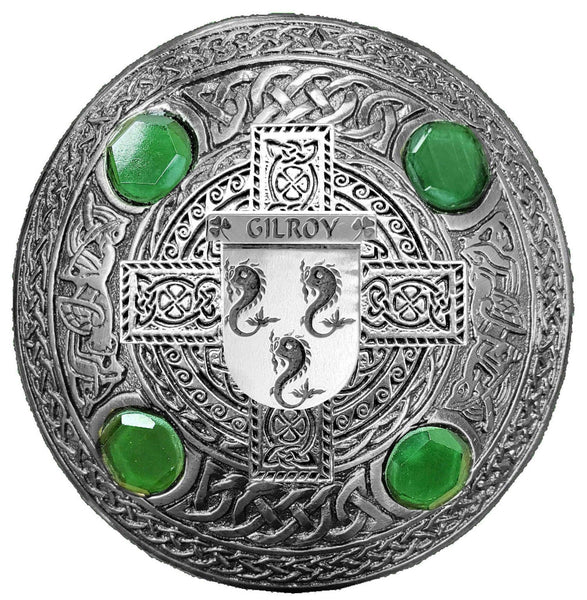 Gilroy Irish Coat of Arms Celtic Cross Plaid Brooch with Green Stones