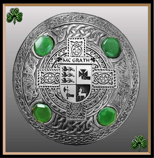 McGrath Irish Coat of Arms Celtic Cross Plaid Brooch with Green Stones