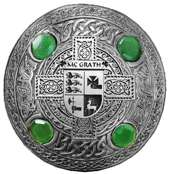 McGrath Irish Coat of Arms Celtic Cross Plaid Brooch with Green Stones