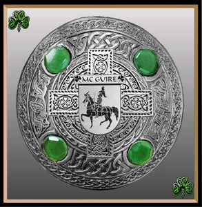 McGuire Irish Coat of Arms Celtic Cross Plaid Brooch with Green Stones