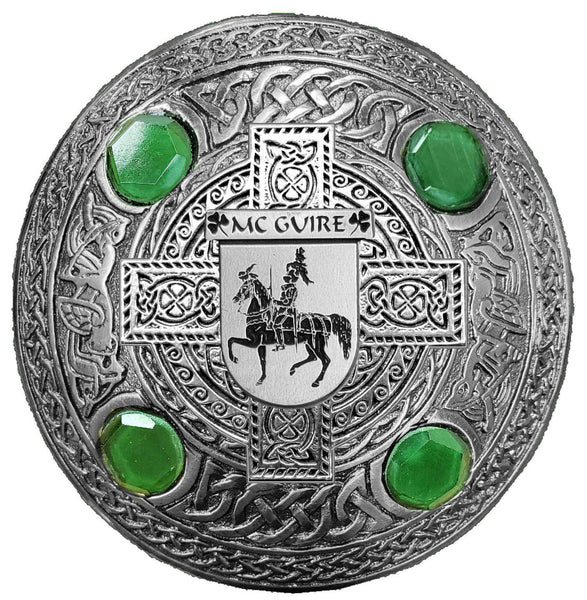 McGuire Irish Coat of Arms Celtic Cross Plaid Brooch with Green Stones