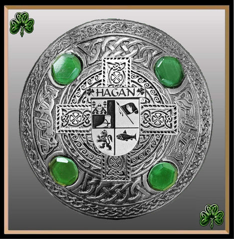 Hagan Irish Coat of Arms Celtic Cross Plaid Brooch with Green Stones
