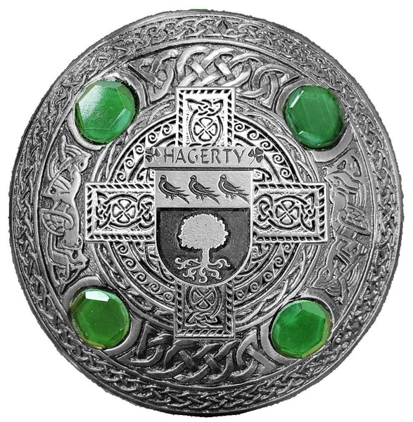 Hagerty Irish Coat of Arms Celtic Cross Plaid Brooch with Green Stones