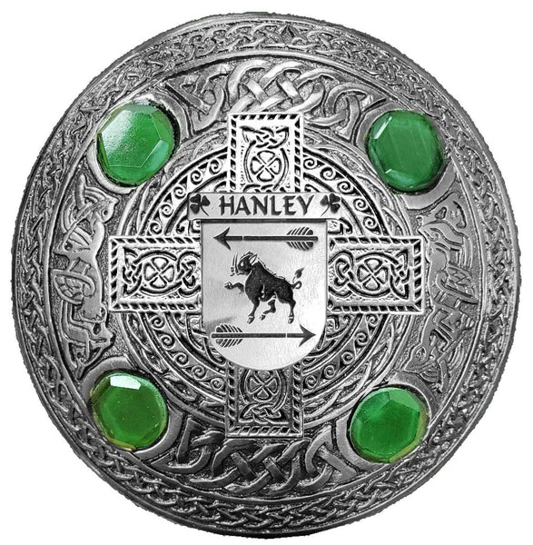 Hanley Irish Coat of Arms Celtic Cross Plaid Brooch with Green Stones