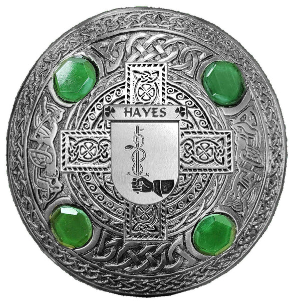 Hayes Irish Coat of Arms Celtic Cross Plaid Brooch with Green Stones