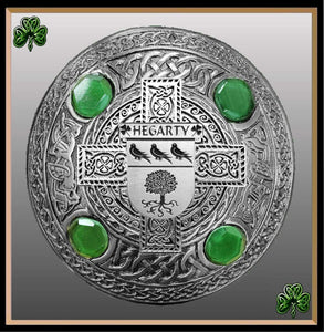 Hegarty Irish Coat of Arms Celtic Cross Plaid Brooch with Green Stones