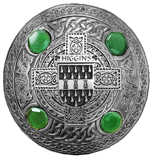 Higgins Irish Coat of Arms Celtic Cross Plaid Brooch with Green Stones