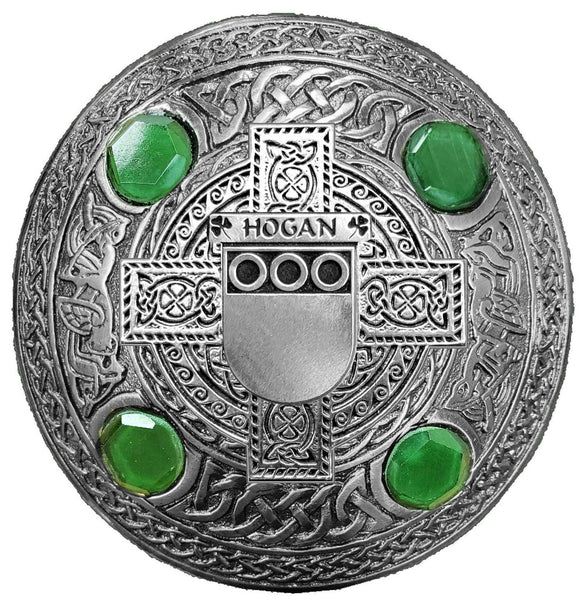 Hogan Irish Coat of Arms Celtic Cross Plaid Brooch with Green Stones