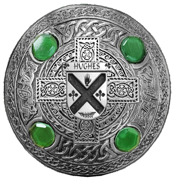 Hughes Irish Coat of Arms Celtic Cross Plaid Brooch with Green Stones