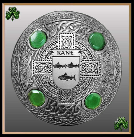 Kane Irish Coat of Arms Celtic Cross Plaid Brooch with Green Stones