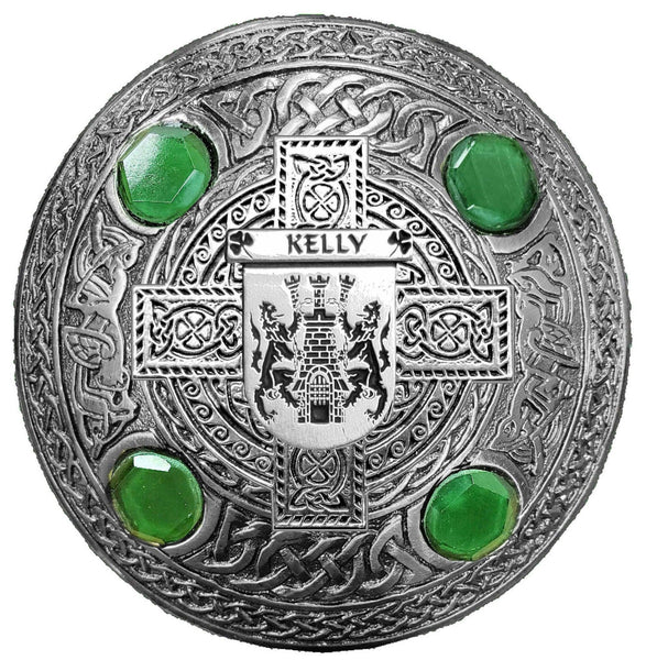Kelly Irish Coat of Arms Celtic Cross Plaid Brooch with Green Stones